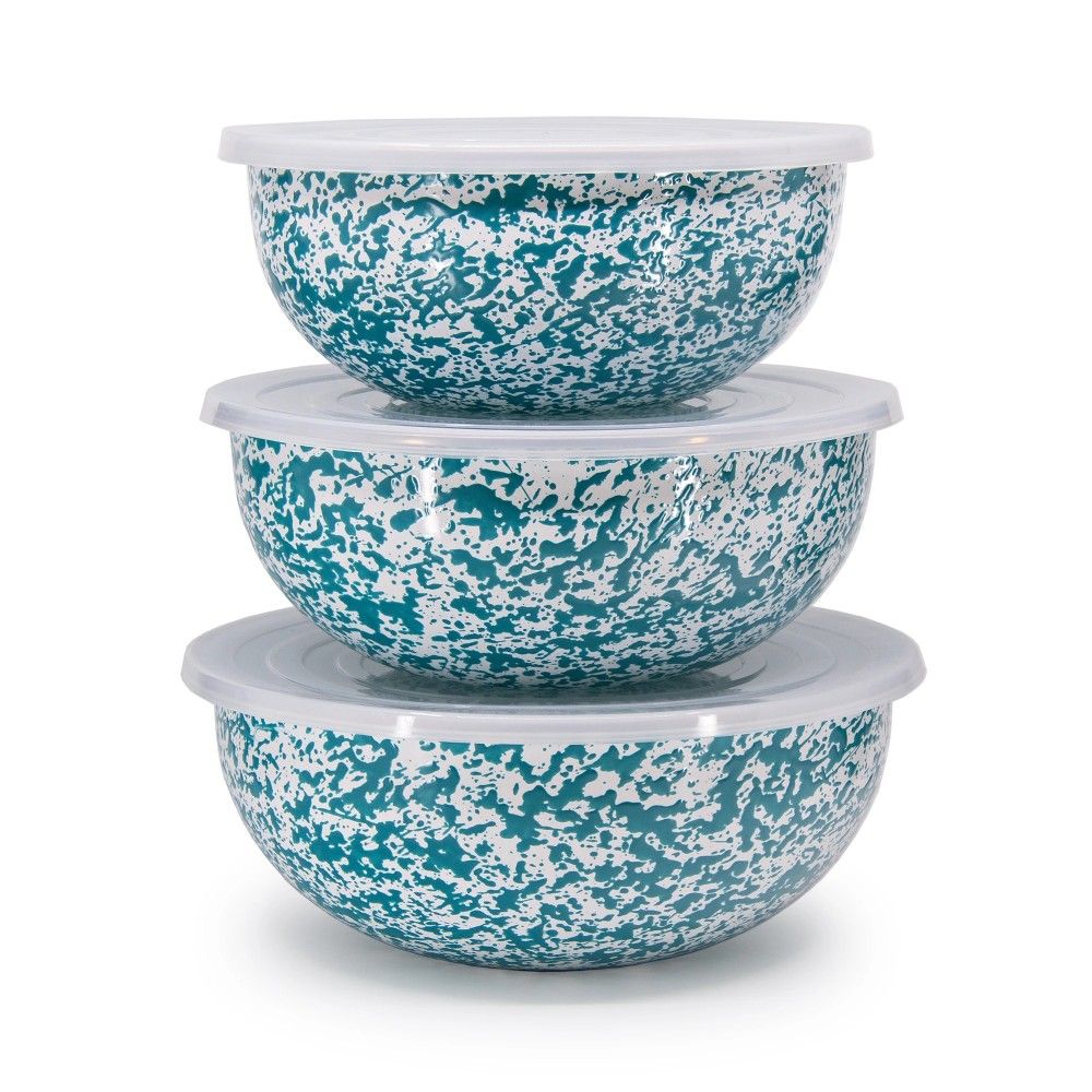d54tqmb6 Crow Canyon 3-Piece Enamel Bowl Set with Lids – Turquoise Marble - Image 1